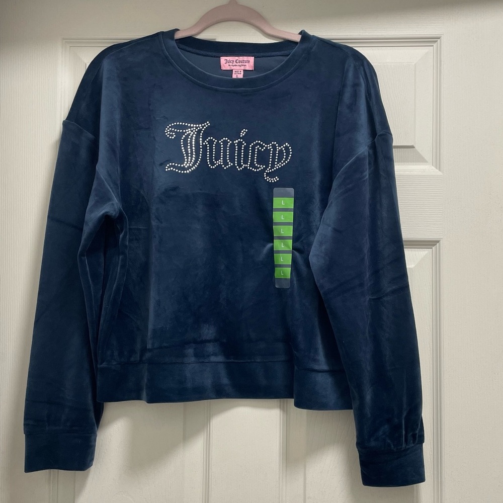 Juicy Couture Navy Blue Velour “Juicy” Rhinestone Crew Neck NWT Size L - Picture 2 of 6